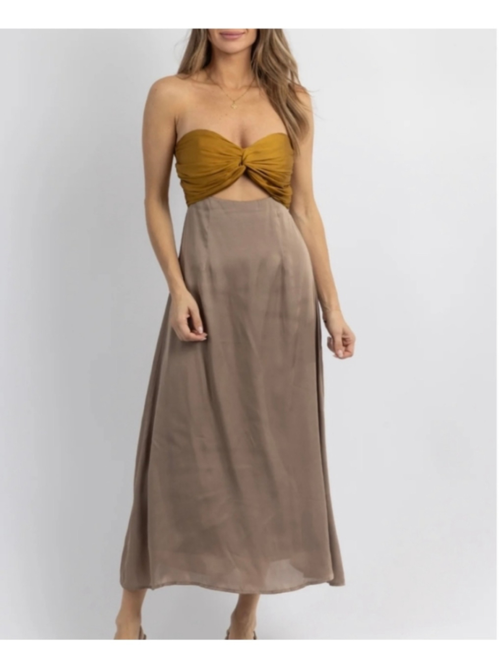 Bobbles & Lace Twist Front Strapless Maxi Dress Gold Mocha M NWT